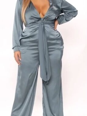 Fashion Nova Fabulosity Satin Jumpsuit (Teal Blue)
